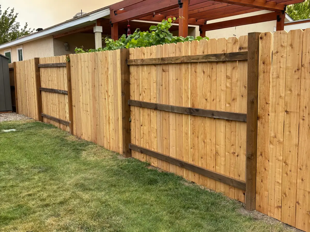 Cedar fence boards and posts in afternoon sun