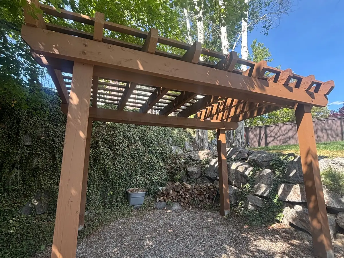 Cedar pergola in warm afternoon light